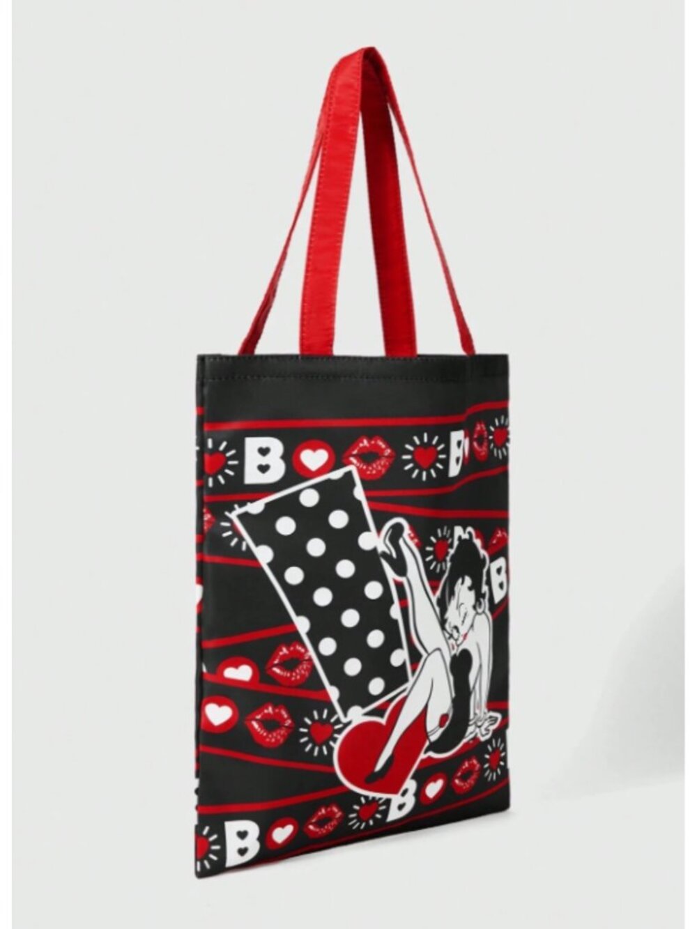 Betty Boop Foldable Reusable Shopping Bag Black with Red Hearts & Lips - Picture 4 of 6